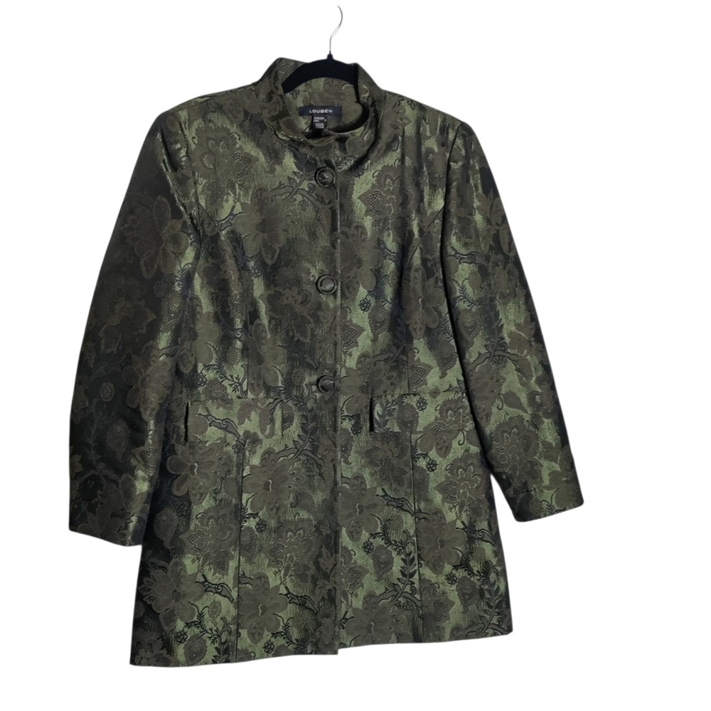 Louben Womens Green Black Floral Jacquard Wool Blend Coat Size 8 Made in Canada